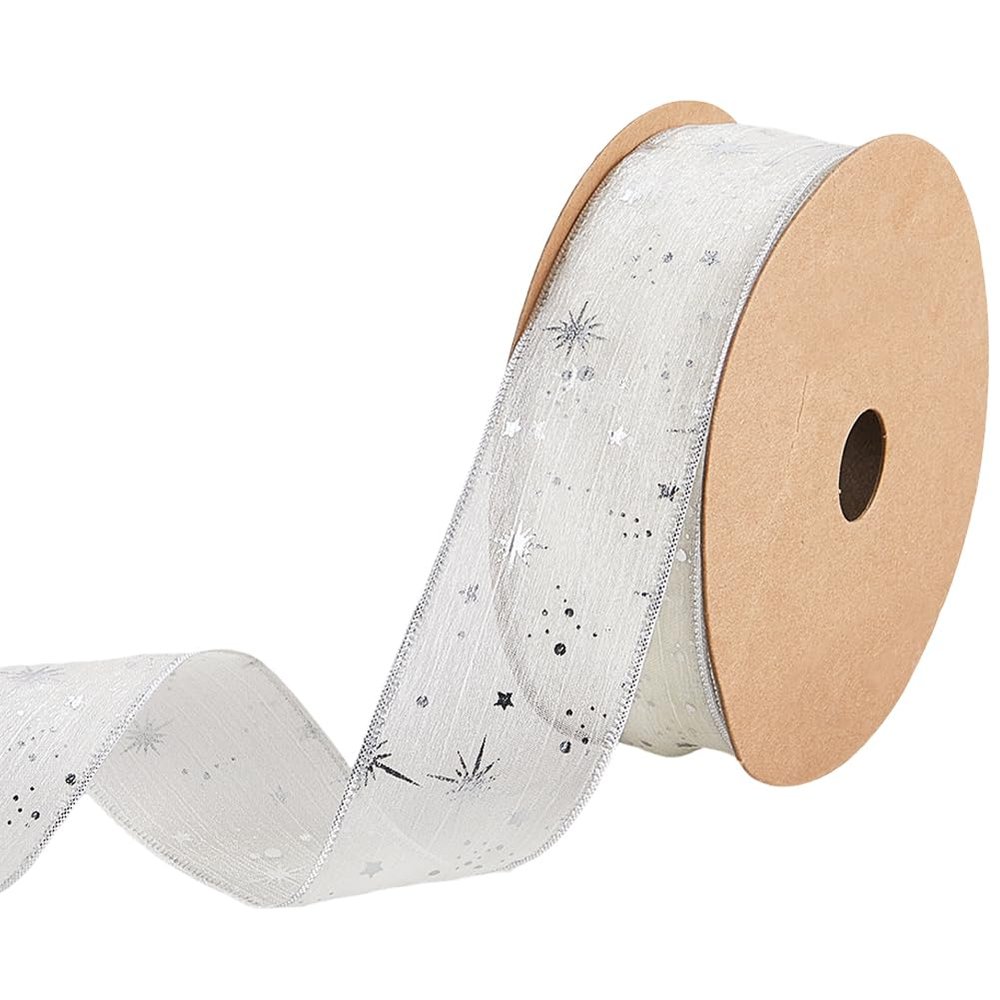 CABODYALS 20 Yards 1 5/8 Inch White Silver Star Pattern Print Organza Chiffon Trim Glitter Stars Sheer Transparent Polyester Fabric Ribbon for Sewing Making Gift Wrapping Home Decor Crafts Bouquet Diy