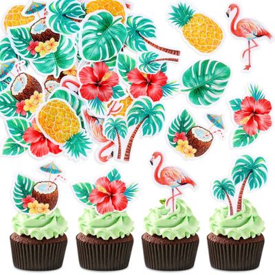 Cyodoos 42Pcs Edible Tropical Cupcake Toppers Wafer Paper Hawaiian Luau Theme Party Decoration Baby Shower Birthday Party Supplies