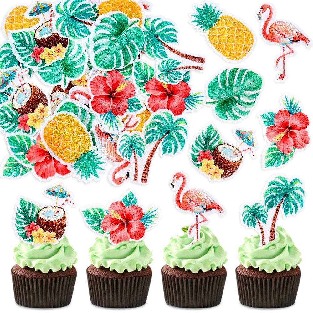Cyodoos 42Pcs Edible Tropical Cupcake Toppers Wafer Paper Hawaiian Luau Theme Party Decoration Baby Shower Birthday Party Supplies