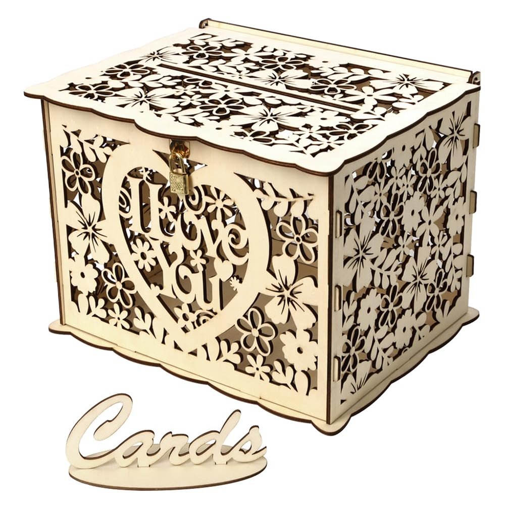 EUBUY Wooden Wedding Card Box with Lock, Large Rustic Wood Wooden DIY Envelop Gift Card Shadow Boxes for Party Supplies, Baby Showers, Birthdays, Anniversaries