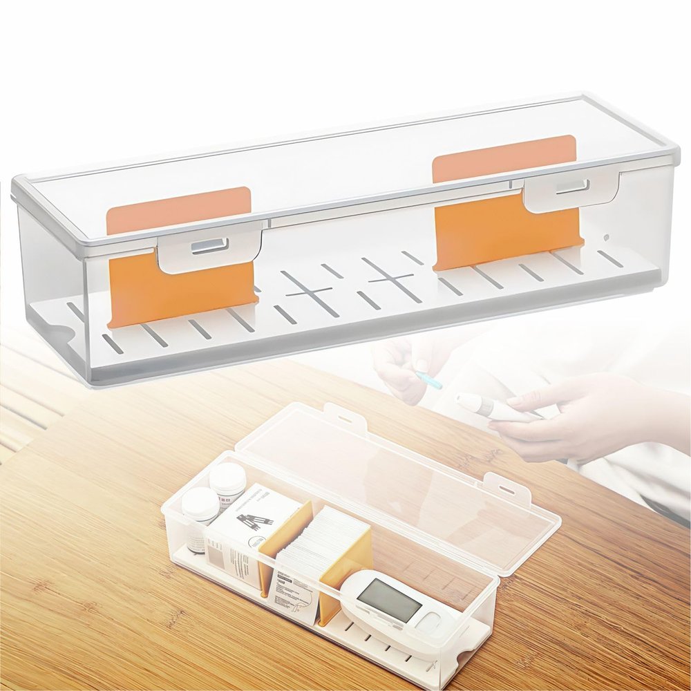 BAOZENP Diabetic Supplies Organizer Box with Adjustable Dividers Hard Storage Case for Glucose Meter, Lancets & Test Strips, Travel & Home Use, 12" L x 4" W x 3" H, 1 Pc