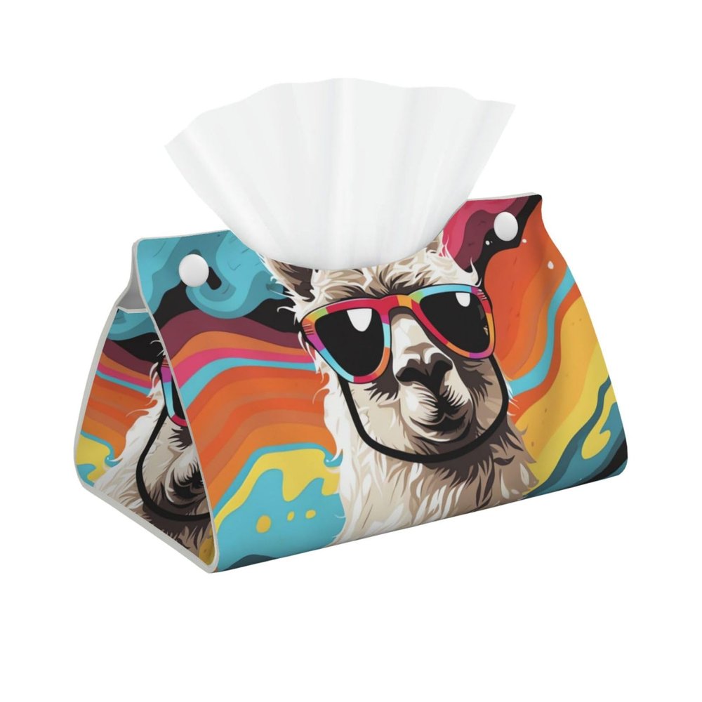 Alpaca Wearing Sunglasses Tissue Box Cover Pu Leather Waterproof Tissue Box Holder Modern Rectangular Tissue Case Paper Holder Decorative Organizer for Car Bathroom Bedroom Office Tabletop Decor