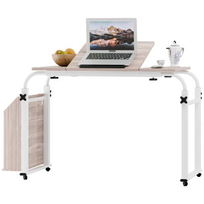 gihusrzx 40cm Wide Overbed Table with 360 Degree Wheels Overbed Desk Side Bookshelf Tilt Sofa Bed Table Length Height Adjustable Over Bed Desk Bed Table Overbed Laptop Table Over Bed Table White 80 cm