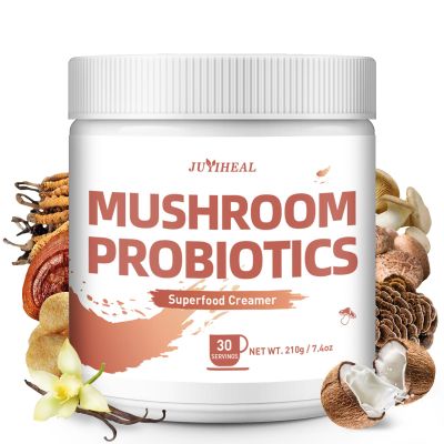 JUYIHEAL Mushroom Coffee Creamer, 210g Mushroom Probiotic Coffee Creamer with Adaptogenic 6 Mushrooms, Cordyceps, Reishi, King Trumpet, Shiitake, Turkey Tail, Lion's Mane for Energy, Focus, Digestion