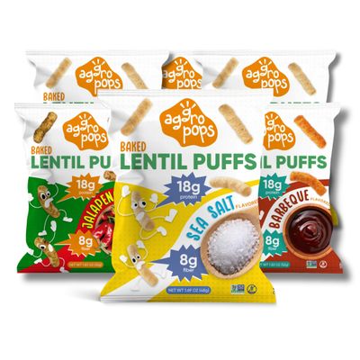 Aggropops High Protein Lentil Snacks - 18g Protein & 8g Fiber Per Bag. Low Calorie, Vegan, Low Carb, Plant-Based, and Gluten Free Healthy Snack Chips for Adults. Variety Pack - 2 Sea Salt, 2 Barbeque, and 2 Jalapeno.