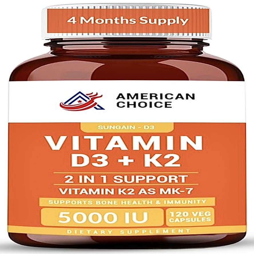 American Choice Vitamin D3 5000 IU Enhanced Bone, Heart & Immune Support Supports Calcium Absorption, Clean & Trusted Formula for Daily Wellness + Vitamin K2 (MK-7) 100 mcg 120 Capsules