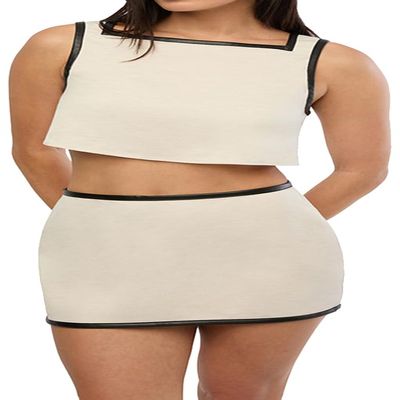 WEWOREWHAT-Leather Trim Cropped Top-Linen/Vegan Leather-Ivory/Black-Xl