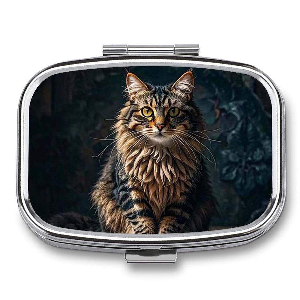 Cute and Lovely CatPill Organizer with Mirror, 2 Compartment Metal Travel Pill Case, Weekly Medicine Container for Daily Meds, Compact & Artistic Design for Purse, Pocket, Or Wallet