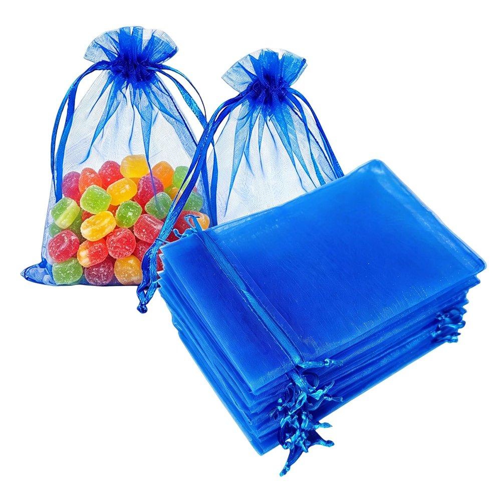 100 Pc Organza Drawstring Gift Bags 5x7 inch Royal Blue for Jewelry,Candy,Women Lip Gloss,Sheer Fabric Clear Mesh Wrap Mini Sachet for Baby Shower,Christmas,Party Favors,Bridal Shower,Birthday,Wedding