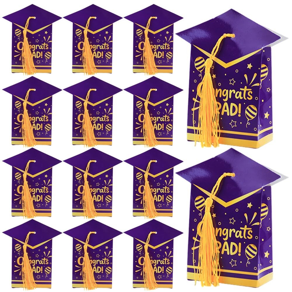 50 Pcs Graduation Cap Gift Boxes with Tassel, Treat Box Graduation Candy Boxes Centerpieces for Tables Party Decorations, Mini Treat Chocolate Box Graduate Favors Supplies, Purple