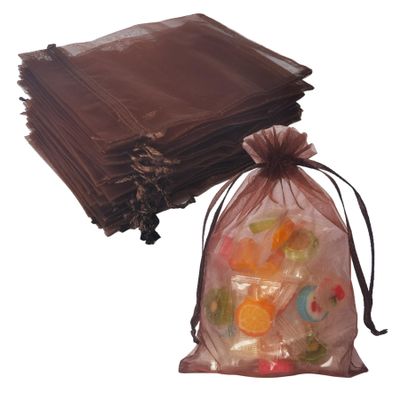 100 Piece Organza Drawstring Gift Bags 5x7 inch Brown for Jewelry,Candy,Card,Charm,Sheer Fabric Clear Mesh Wrap Decorations Sachet for Baby Shower,Christmas,Party Favors,Bridal Shower,Birthday,Wedding