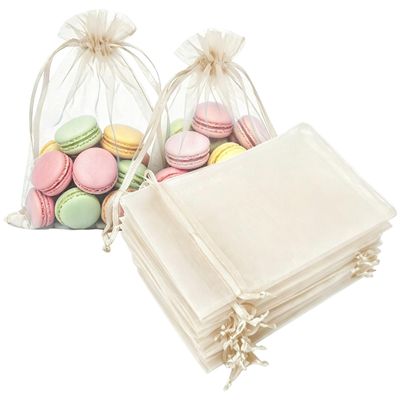 100 Pc Organza Drawstring Gift Bags 4x6 inch Ivory for Jewelry,Candy,Sheer Fabric Clear Mesh Wrap Tulle See Through Sachet for Baby Shower,Christmas,Party Favors,Bridal Shower,Birthday,Wedding,Holiday