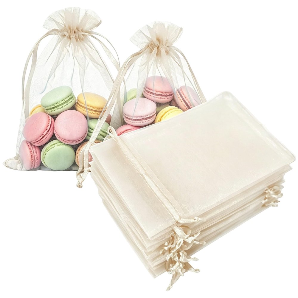 100 Pc Organza Drawstring Gift Bags 4x6 inch Ivory for Jewelry,Candy,Sheer Fabric Clear Mesh Wrap Tulle See Through Sachet for Baby Shower,Christmas,Party Favors,Bridal Shower,Birthday,Wedding,Holiday