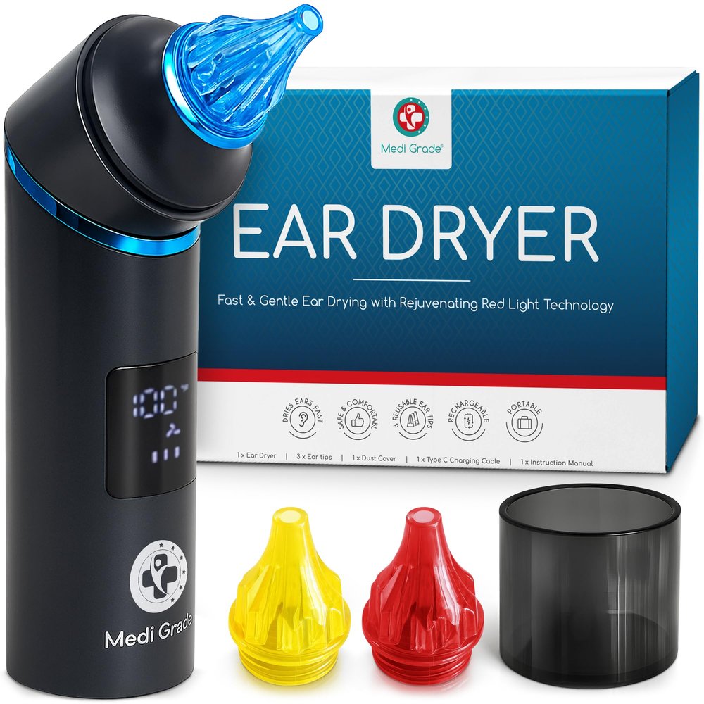Medi Grade Ear Dryer - Portable Ear Drying Device with Soothing Red Light Therapy, Adjustable Temperature and Airflow, Rechargeable, Reusable Ear Tips - Use for Ear Dryer for Swimmers or After Shower