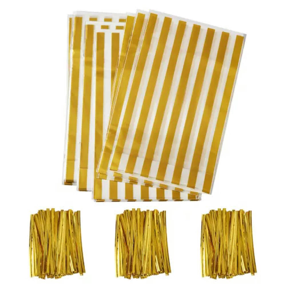 100sets Clear Flat Cello Cellophane Treat Bags with Twist Ties for Gift Candy-Gold Stripe Bags