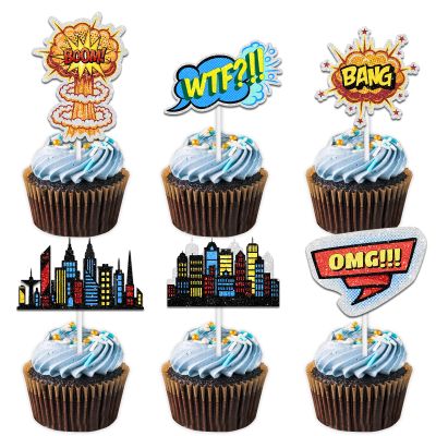 18pcs Colorful Glitter Boom Bang Dessert Cupcake Topper Hero Fun Action Sign Baby Shower Theme Decor Supplies for Boy Girl Happy Birthday Party Decoration