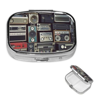 Pill Box 2 Compartment Small Pill Case for Purse & Pocket Vintage Wall of Radio Boombox Pill Box Cute Vitamins Fish Oil Supplements Storage Box Portable Pill Containe Travel Gift