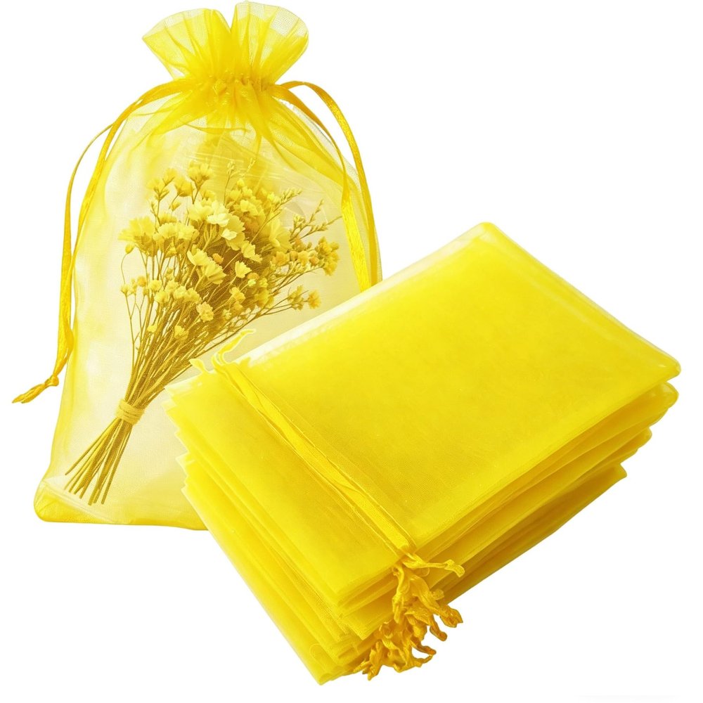 100 Pc Gift Organza Bags Yellow Drawstring 5x7 inch for Baby Shower,Christmas,Wedding,Party Favors,Bridal Shower,Birthday,Prom,Sheer Fabric Mesh Clear Wrap Ribbon Sachet for Jewelry,Candy,Soap,Ball