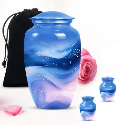 Blue Galaxy Aurora Bliss Mini Urns for Human Ashes Adult Female & Male - Large Urns for Human Ashes Adult - Memorial Funeral - Combo 1 Large 2 Keepsake