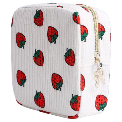 Teircno Period Bag for Women, Portable Corduroy Sanitary Napkin Storage Bag Strawberry Period Pouch with Zipper, Sanitary Pads Bag Tampons Holder for Purse, First Period