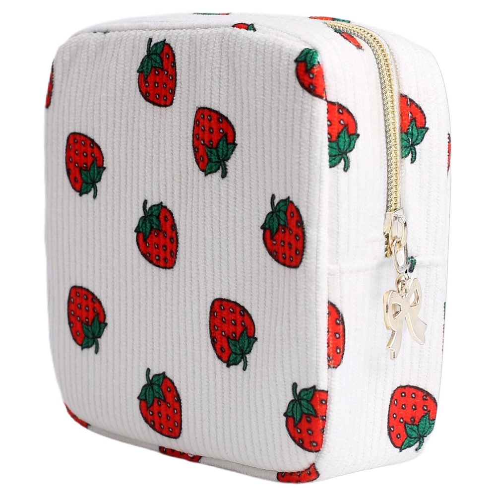 Teircno Period Bag for Women, Portable Corduroy Sanitary Napkin Storage Bag Strawberry Period Pouch with Zipper, Sanitary Pads Bag Tampons Holder for Purse, First Period