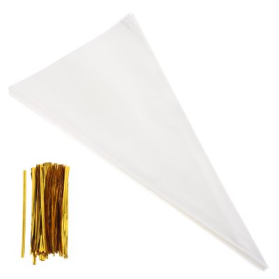 NOLITOY 16x30cm Transparent Candy Packaging Bags 100pcs Cone Shaped Treat Bags for Birthday Parties Popcorn Cookie Wrappers Twist Ties