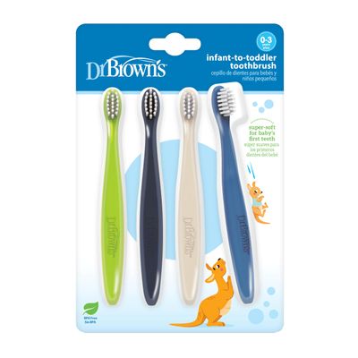 Dr. Brown's Infant-to-Toddler Toothbrush Set, Soft & Gentle Manual Toothbrushes for Baby, Green/Dark Blue/Ecru/Blue, BPA Free, 0-3 Years 4-Pack