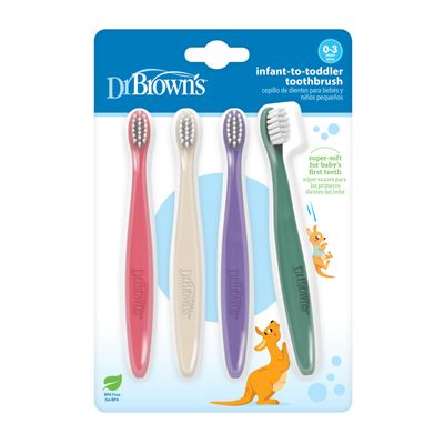Dr. Brown's Infant-to-Toddler Toothbrush Set, Soft & Gentle Manual Toothbrushes for Baby, Pink/Ecru/Purple/Dark Green, BPA Free, 0-3 Years 4-Pack