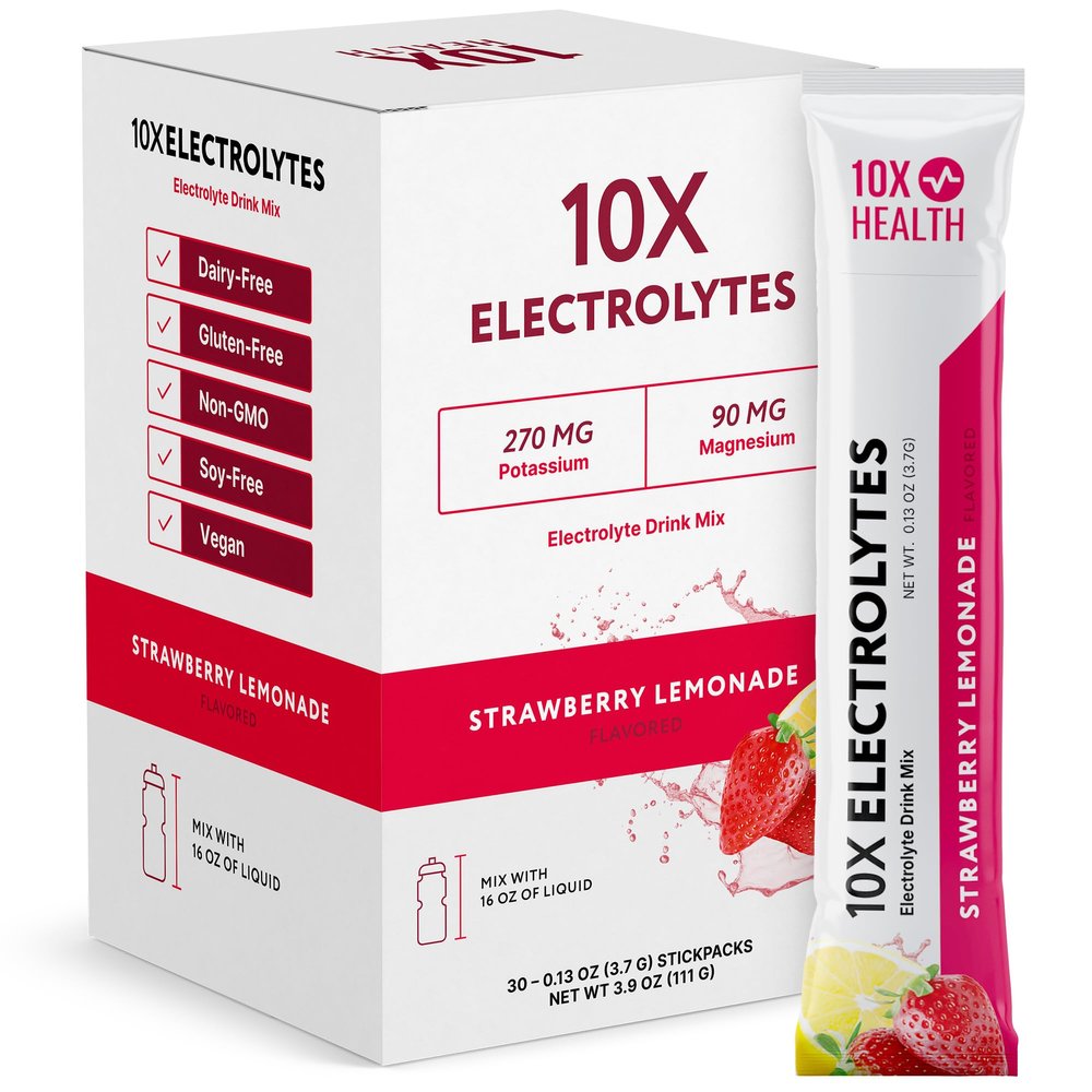 10X Health Electrolytes Powder Drink Mix Strawberry Lemonade w/Potassium, Magnesium & Mediterranean Sea Salt - Sugar-Free Electrolytes Powder - Non-GMO Electrolyte Packets - 30 Stickpacks