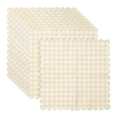 100 Pcs 33 x 33cm Buffalo Plaid Scalloped Cocktail Napkins Bridal Shower Checkered Dinner Napkins Wedding Party Beverage Napkin Guest Hand Tissue Towels Decorative Square Paper Napkin Yellow White