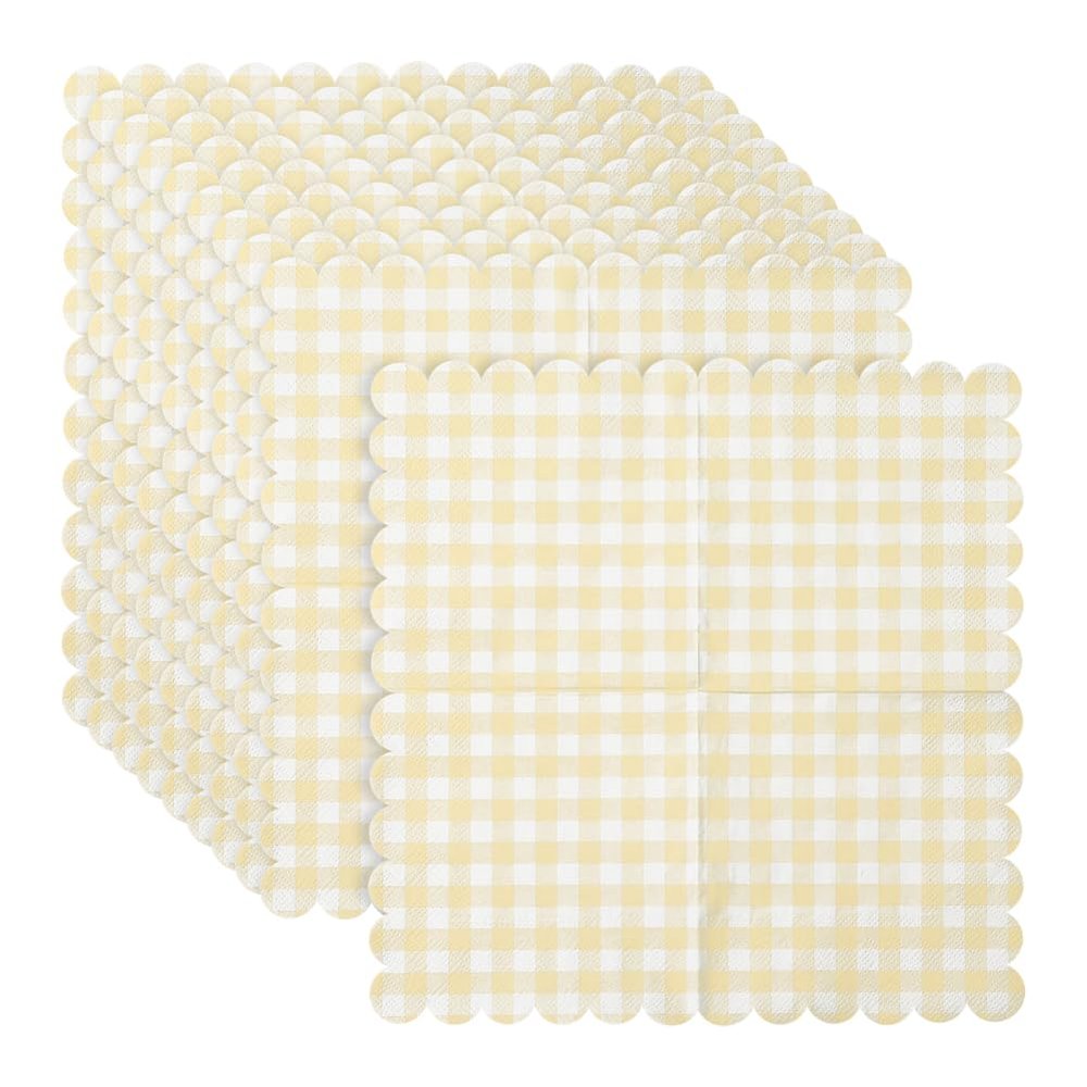 100 Pcs 33 x 33cm Buffalo Plaid Scalloped Cocktail Napkins Bridal Shower Checkered Dinner Napkins Wedding Party Beverage Napkin Guest Hand Tissue Towels Decorative Square Paper Napkin Yellow White