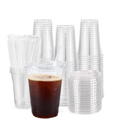 20 oz Clear Disposable Plastic Cups with Straws and Sip Lids, 50 Pack Clear Plastic Tumblers, Heavy-duty Party Glasses, Disposable Cups for Thanksgiving, Halloween, Christmas Party, Sturdy & Food Safe
