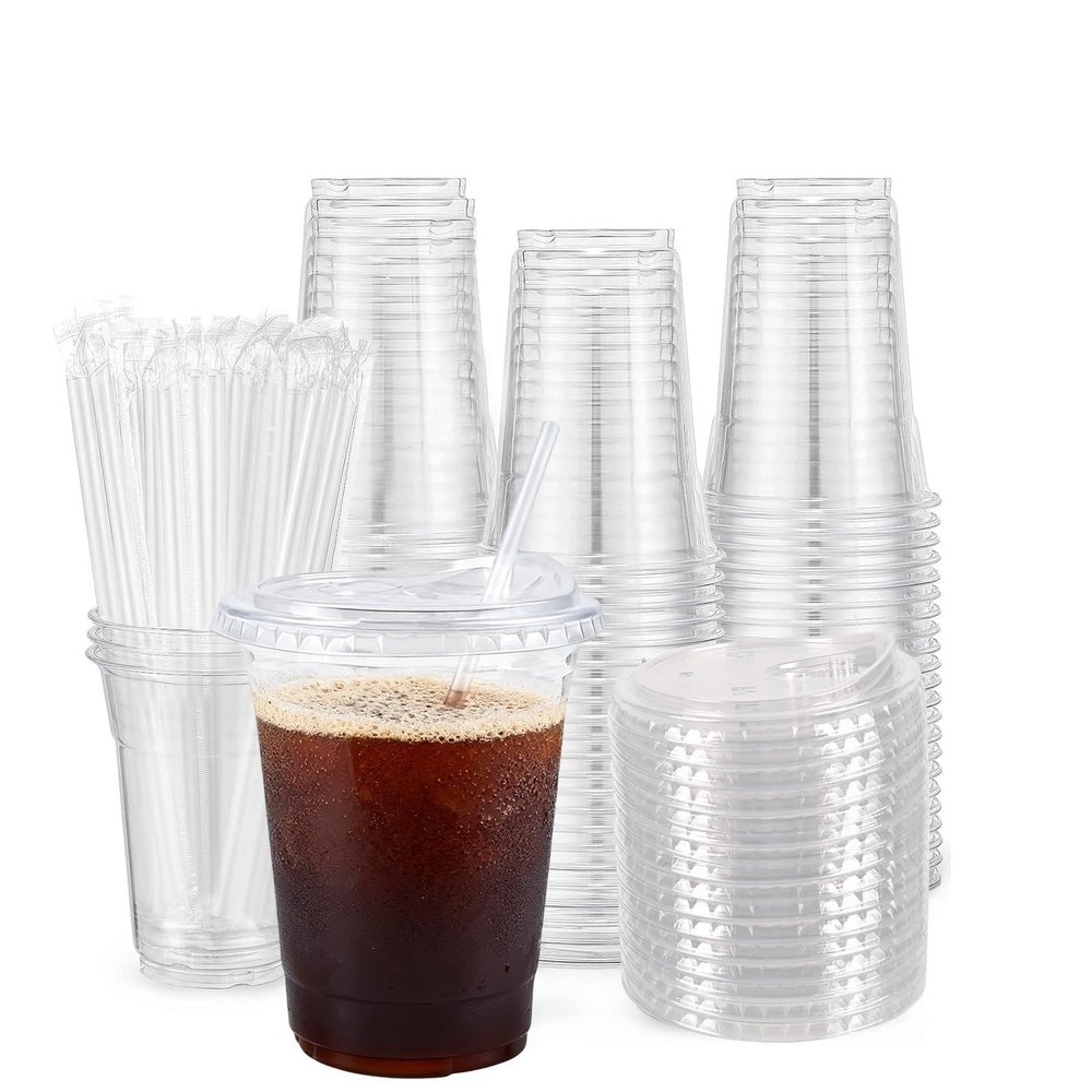 20 oz Clear Disposable Plastic Cups with Straws and Sip Lids, 50 Pack Clear Plastic Tumblers, Heavy-duty Party Glasses, Disposable Cups for Thanksgiving, Halloween, Christmas Party, Sturdy & Food Safe