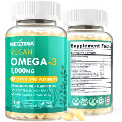 2 Pack Vegan Omega 3 D3 K2 CoQ10 Supplement, Plant Based DHA EPA ALA for Women Men, Omega 3 Organic Algae Flaxseed Oil Supplement for Bone, Brain, Eye & Immune Support, No Carrageenan, 240 Softgels