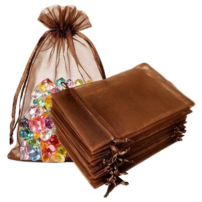 100 Pcs Gift Organza Bags with Drawstring 5x7 inch Brown for Jewelry,Candy,Chocolate Sheer Fabric Clear Mesh Shiny Sachet for Baby Shower,Christmas,Party Favors,Baby Boy Birthday,Wedding,Bridal Shower