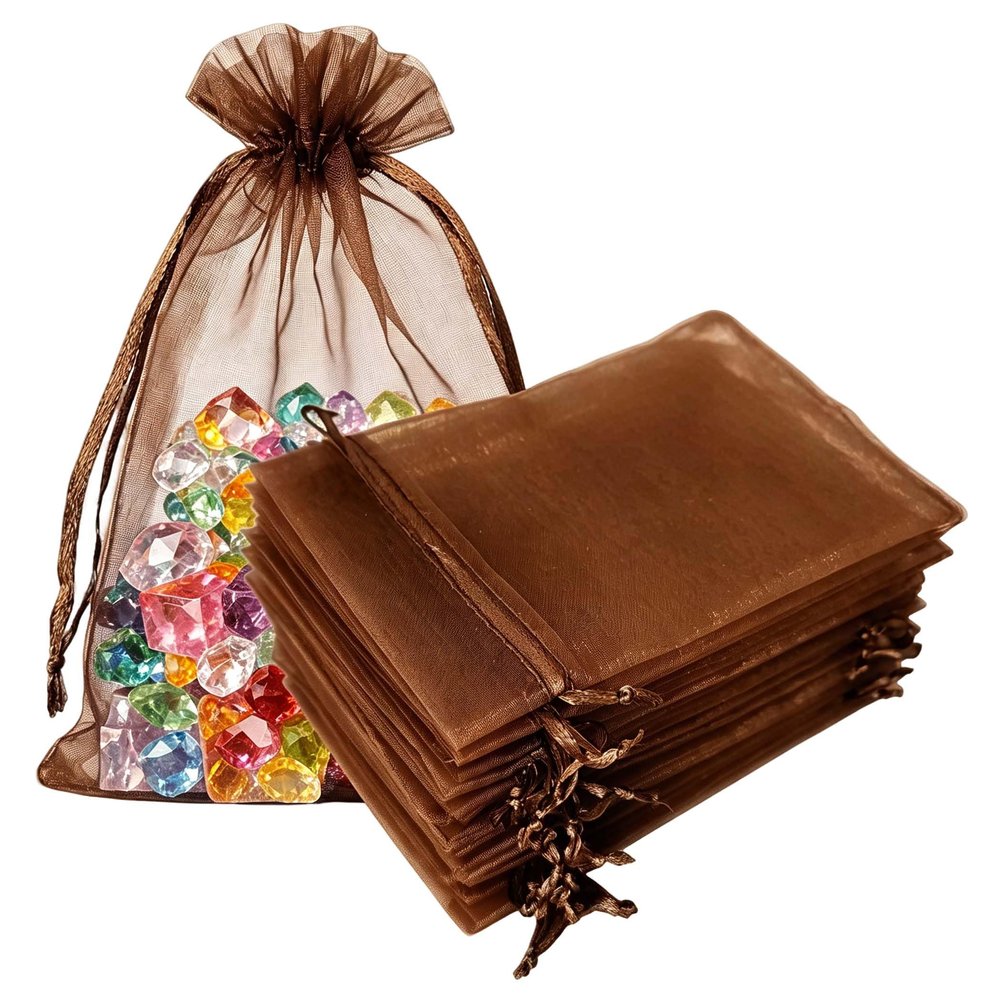 100 Pcs Gift Organza Bags with Drawstring 5x7 inch Brown for Jewelry,Candy,Chocolate Sheer Fabric Clear Mesh Shiny Sachet for Baby Shower,Christmas,Party Favors,Baby Boy Birthday,Wedding,Bridal Shower
