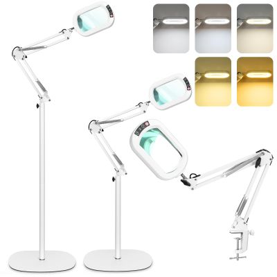 12X Large Magnifying Glass with Light and Stand, Real Glass, 5 Color Modes Stepless Dimmable Arm Swing LED Floor Lamp, 3-in-1 Hands-Free Lighted Magnifier for Reading Painting Craft Close Work White