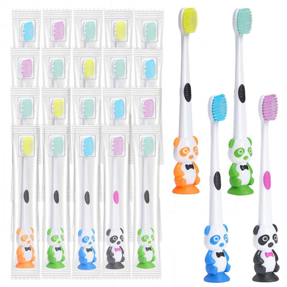 Akulgaci 100 Pack Kids Toothbrush Bulk Soft Bristles Toddler Toothbrush with Suction Cup, Lovely Includes Travel Covers, Individually Wrapped Toothbrushes for Kid Home School Daycare Camp (Panda)