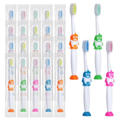 Akulgaci 100 Pack Kids Toothbrush Soft Bristles Toddler Cute Toothbrush Bulk with Suction Cup, Includes Travel Covers, Individually Wrapped Toothbrushes for Kid Home School Daycare Camp (Penguin)