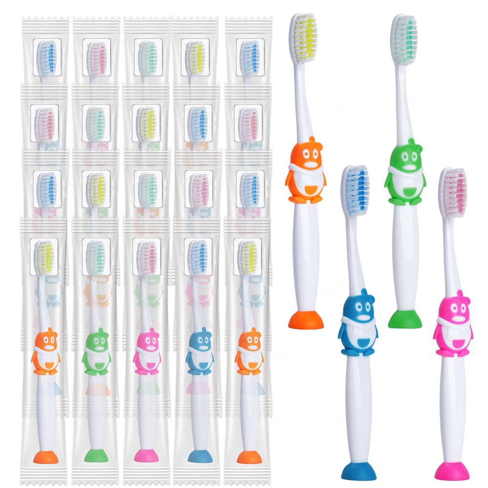 Akulgaci 100 Pack Kids Toothbrush Soft Bristles Toddler Cute Toothbrush Bulk with Suction Cup, Includes Travel Covers, Individually Wrapped Toothbrushes for Kid Home School Daycare Camp (Penguin)