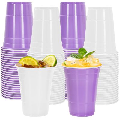 FYSUIMU 60Pcs Purple and White Plastic Cup 16Oz Disposable Drinking Cup Colored Beverage Tumbler Glasses for Coffee Juice Drink Bachelorette Birthday Party Supplies