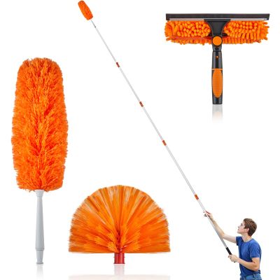 24 FT High Reach Duster Kit with 4-24 FT Extension Pole,High Ceiling Dusting and Window Cleaning Kit with Telescopic Pole,Window Washer & Squeegee,for Cleaning High Ceiling Fan, Furniture, Blinds