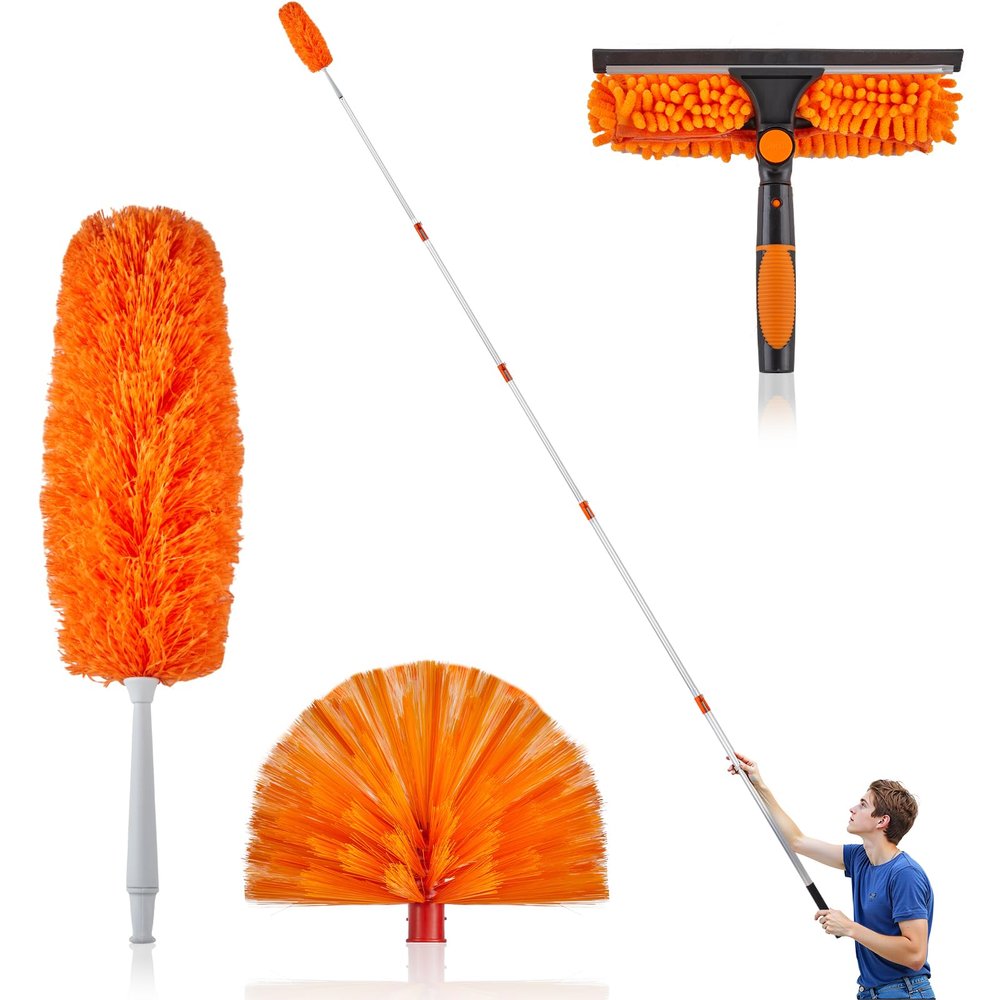 24 FT High Reach Duster Kit with 4-24 FT Extension Pole,High Ceiling Dusting and Window Cleaning Kit with Telescopic Pole,Window Washer & Squeegee,for Cleaning High Ceiling Fan, Furniture, Blinds
