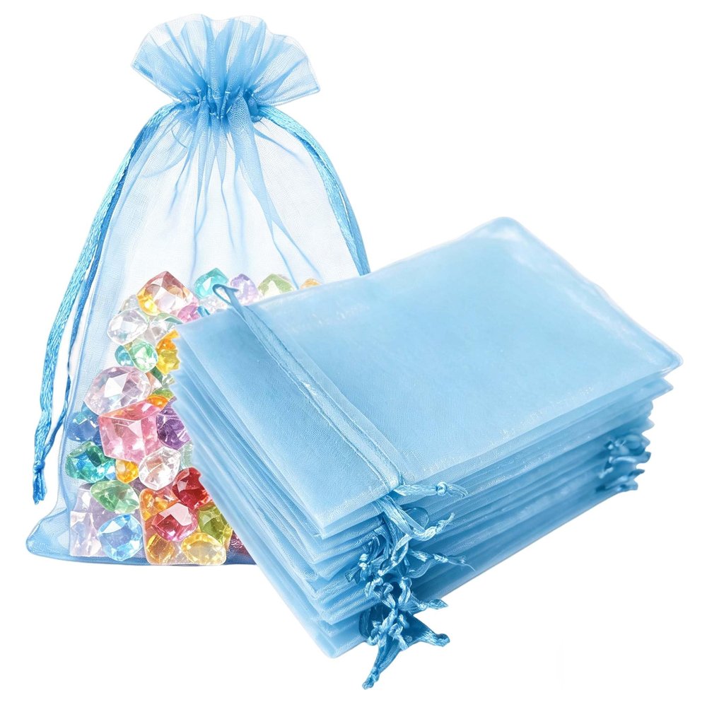 100 Pc Gift Organza Bags with Drawstring 5x7 inch Baby Blue for Jewelry,Candy,Soap Sheer Fabric Clear Mesh Sachet for Baby Shower,Christmas,Party Favors,Kids Birthday,Rustic Wedding,Bridal Shower,Xmas
