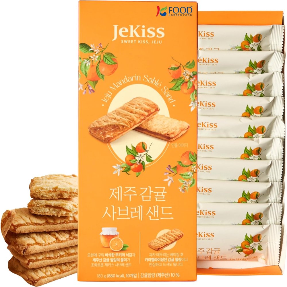 Korean Food JEKISS Jeju Mandarin Sable Sand Cookies (10 Pack, 180g) Crunchy Buttery Biscuit with Jeju Mandarin Cream, Individually Wrapped Gourmet Gift
