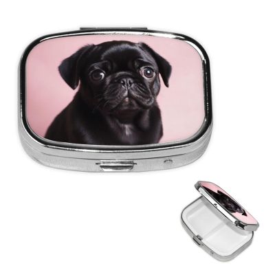 Pill Box 2 Compartment Small Pill Case for Purse & Pocket Cute Black Pug Pill Box Cute Vitamins Fish Oil Supplements Storage Box Portable Pill Containe Travel Gift