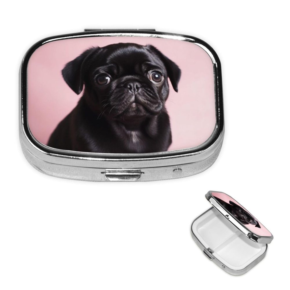 Pill Box 2 Compartment Small Pill Case for Purse & Pocket Cute Black Pug Pill Box Cute Vitamins Fish Oil Supplements Storage Box Portable Pill Containe Travel Gift