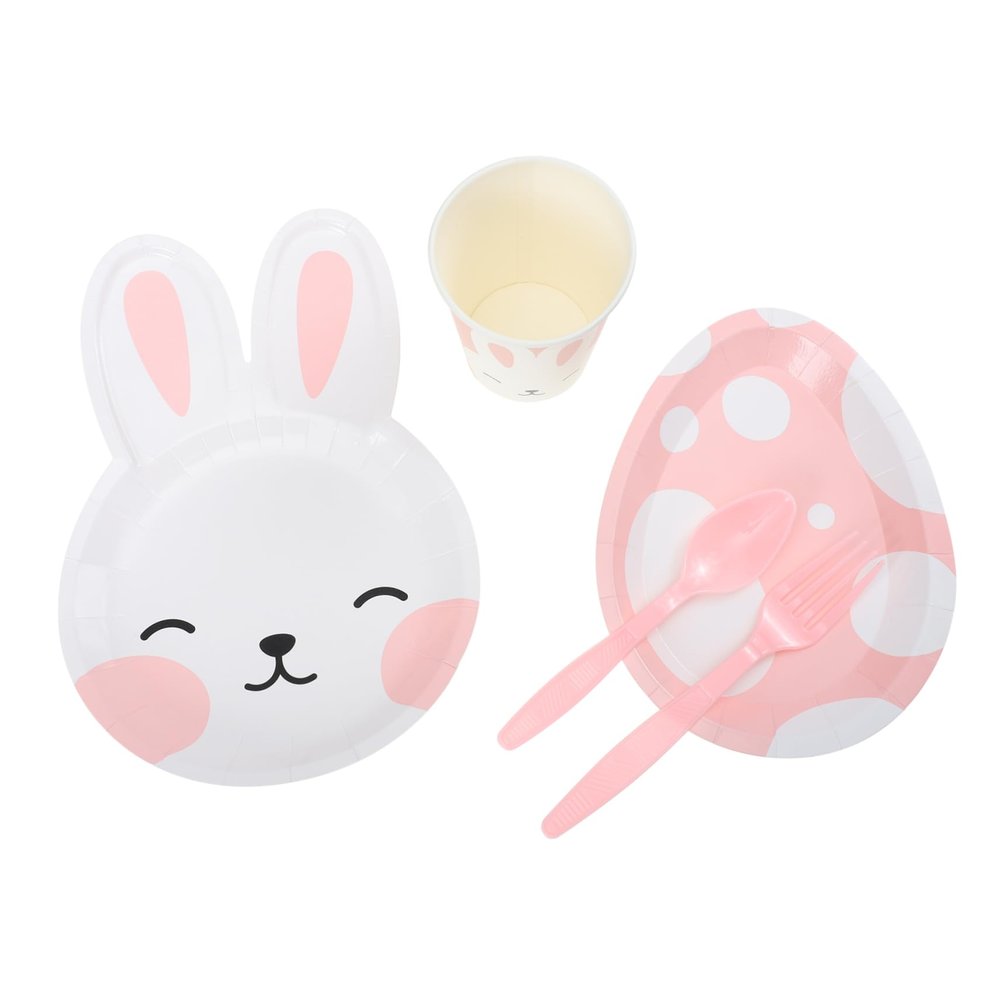FUNOMOCYA Easter Party Decorations 4pcs Party Tableware Set Plates Cups Fork Spoon Boys and Girls-friendly for Easter Celebration