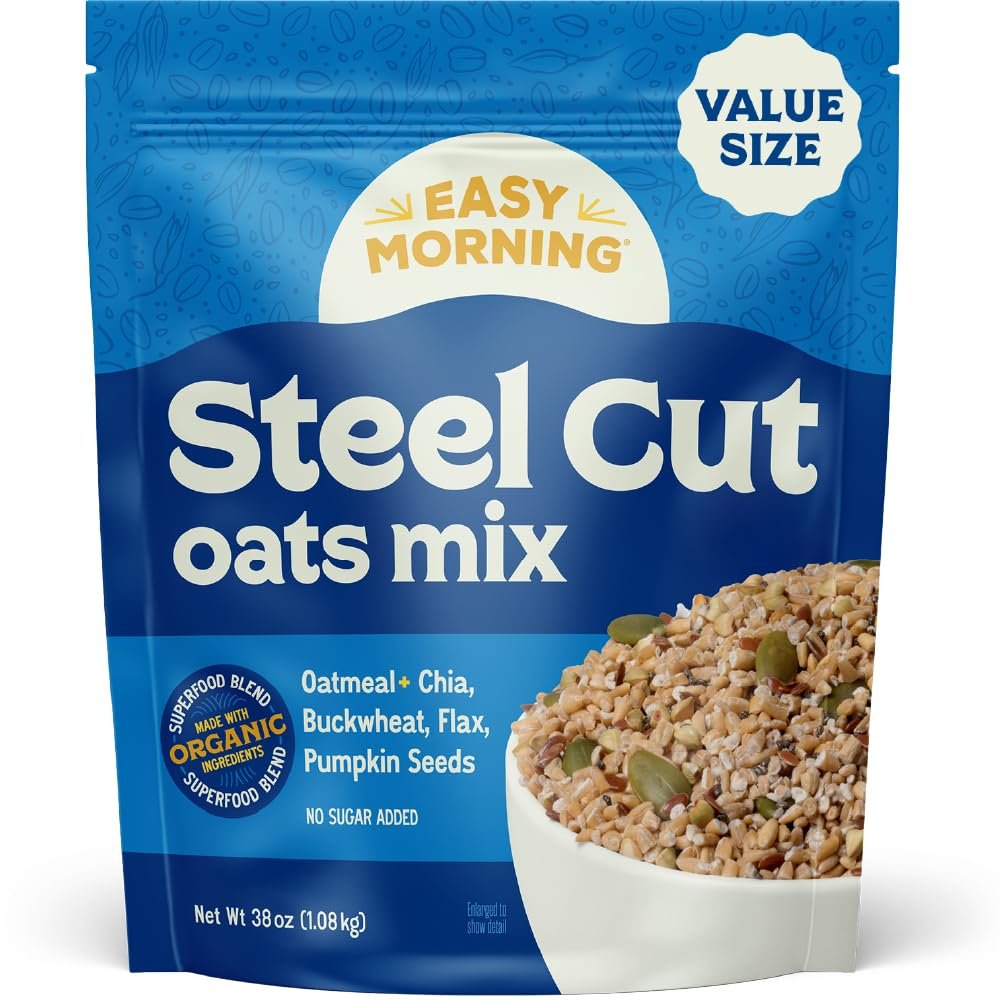 Easy Morning Steel Cut Oatmeal Mix, Organic Ingredients, Naturally Gluten-Free, No Sugar Added, Hearty Blend with Pumpkin Seeds, Buckwheat, and Chia, 38oz (25 servings)