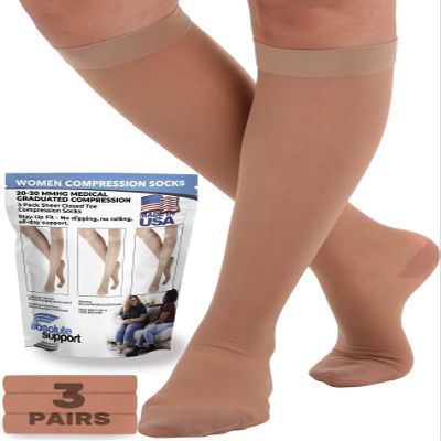 ABSOLUTE SUPPORT Made in USA - Sheer Compression Socks for Women 20-30mmHg - Knee High Compression Stockings for Circulation, Sports, Athletic, Travel, 3 Pairs - Beige, Small - A205